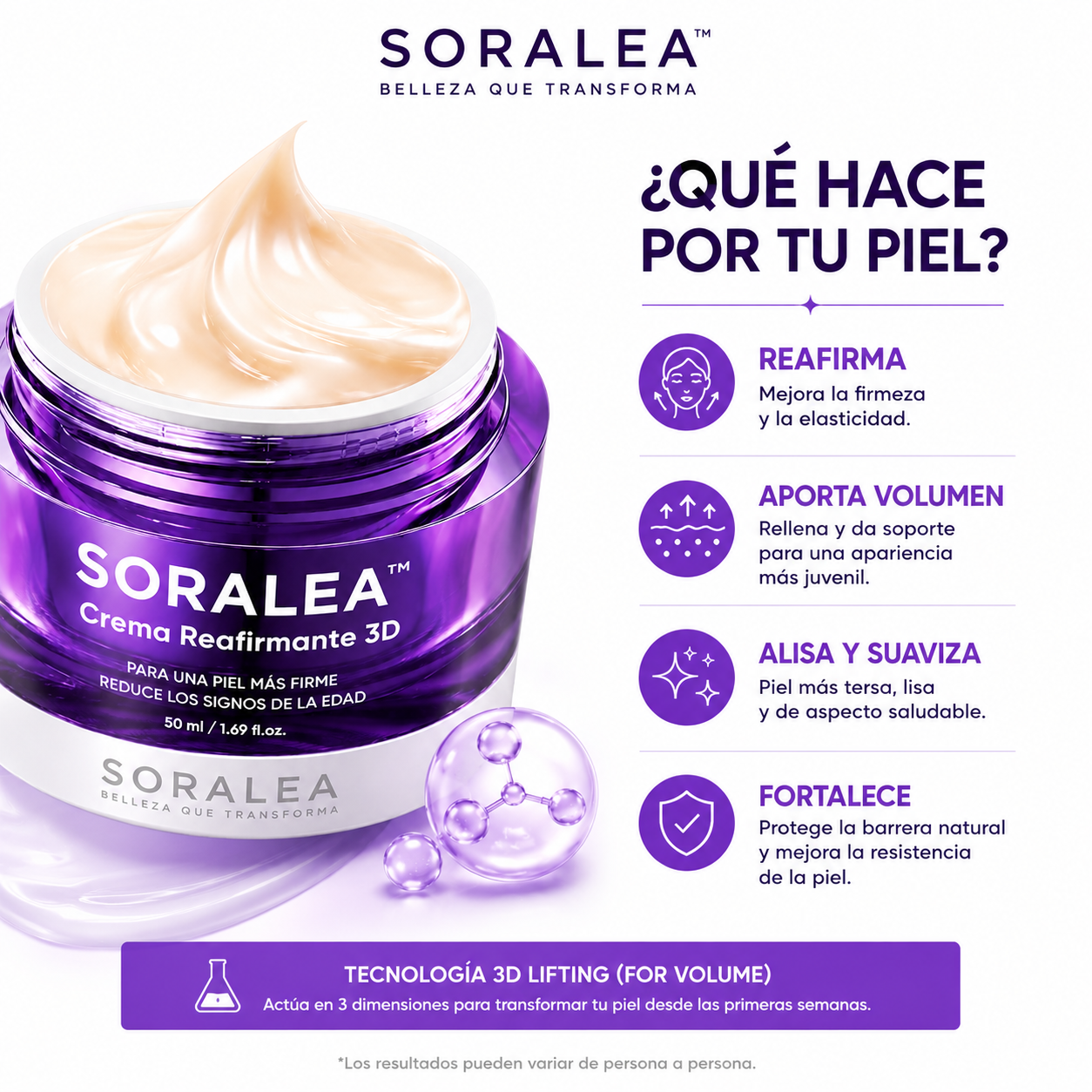 Crema Lifting Facial Coreana · Probióticos y 17 Péptidos · Soralea 3D