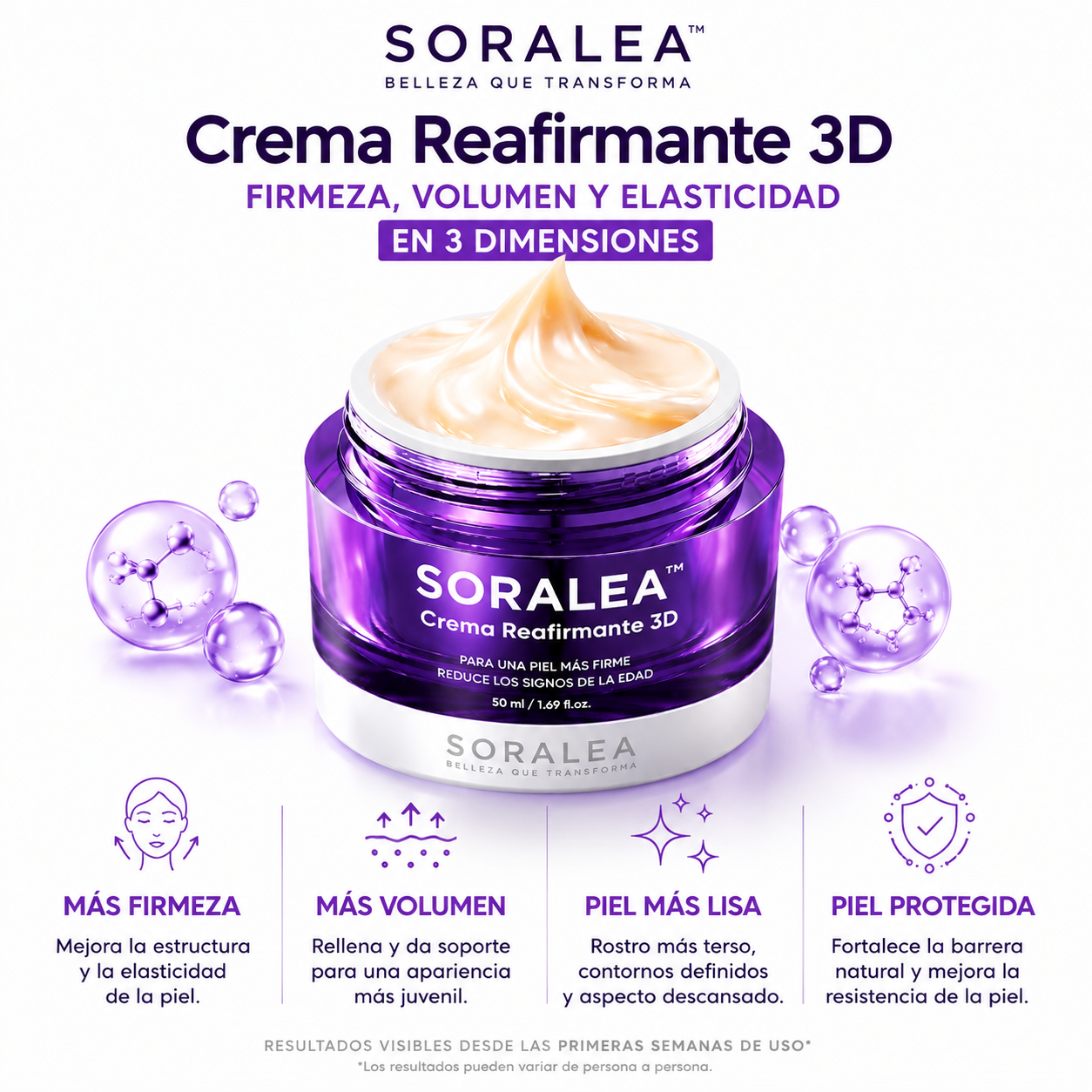 Crema Lifting Facial Coreana · Probióticos y 17 Péptidos · Soralea 3D